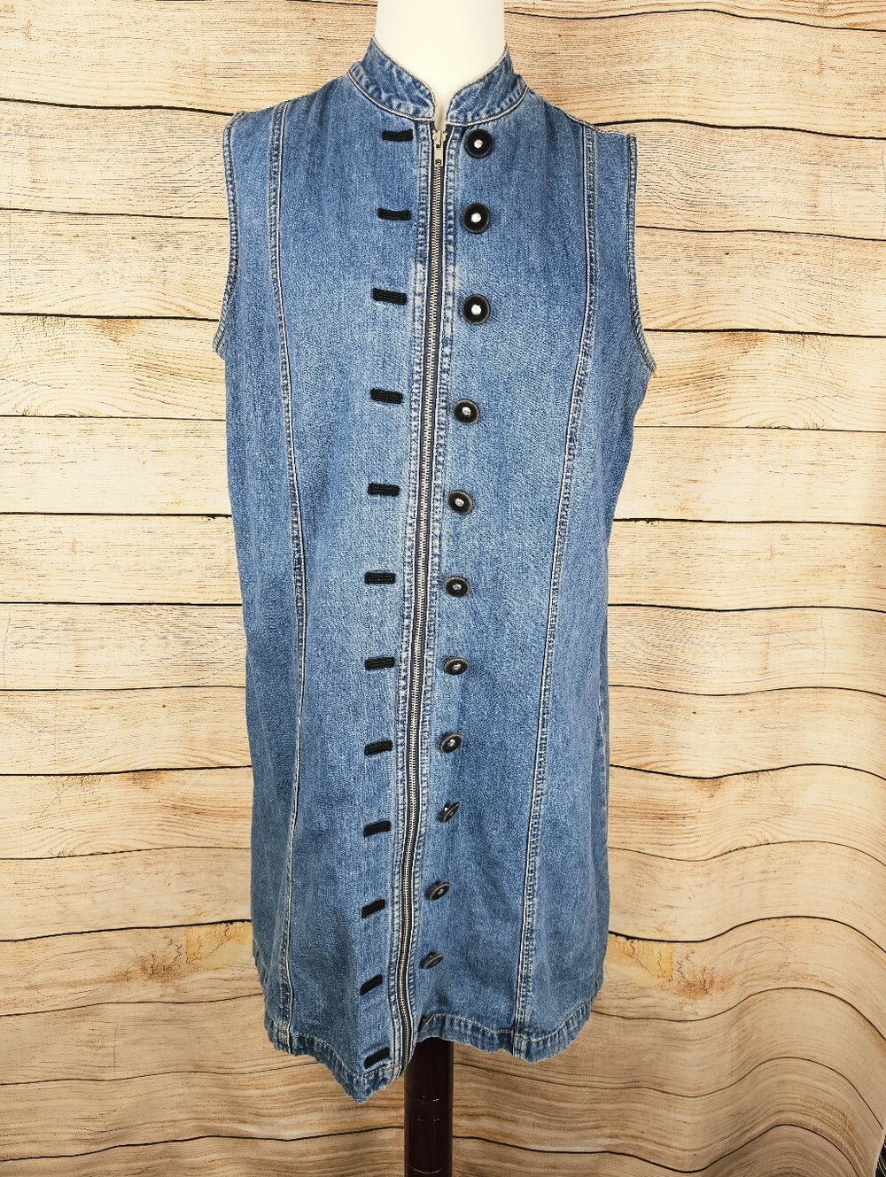 Vintage Fore Warned Zip Front Button Detail Sleeveless Denim Dress Size 18